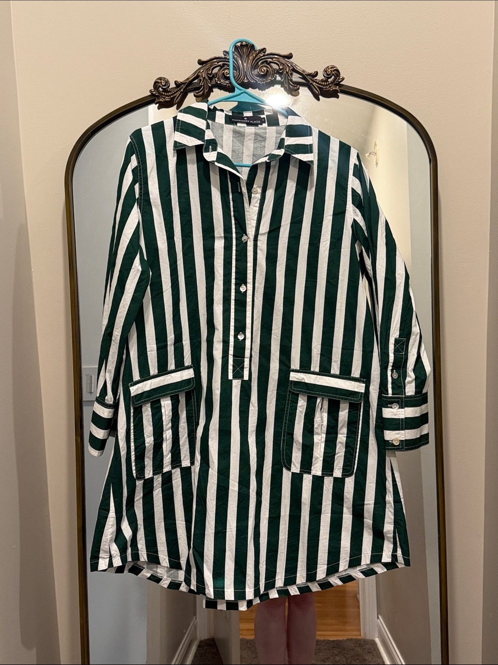 Pomander Place Green and White Striped Shirt Dress
